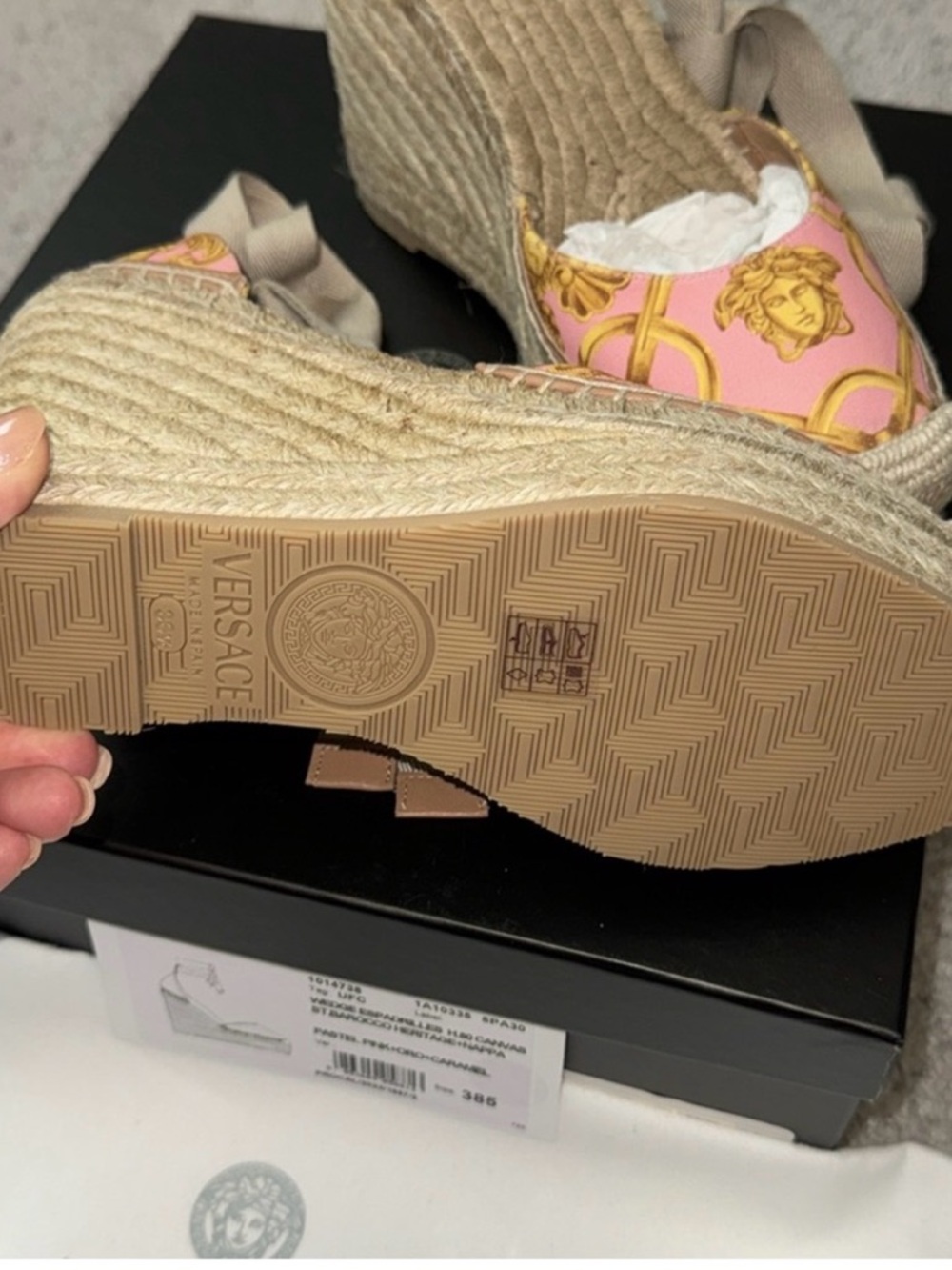 🇺🇸🇺🇸Versace Pink & Gold Medusa Espadrille Wedge with Ankle Tie - Picture 3 of 3